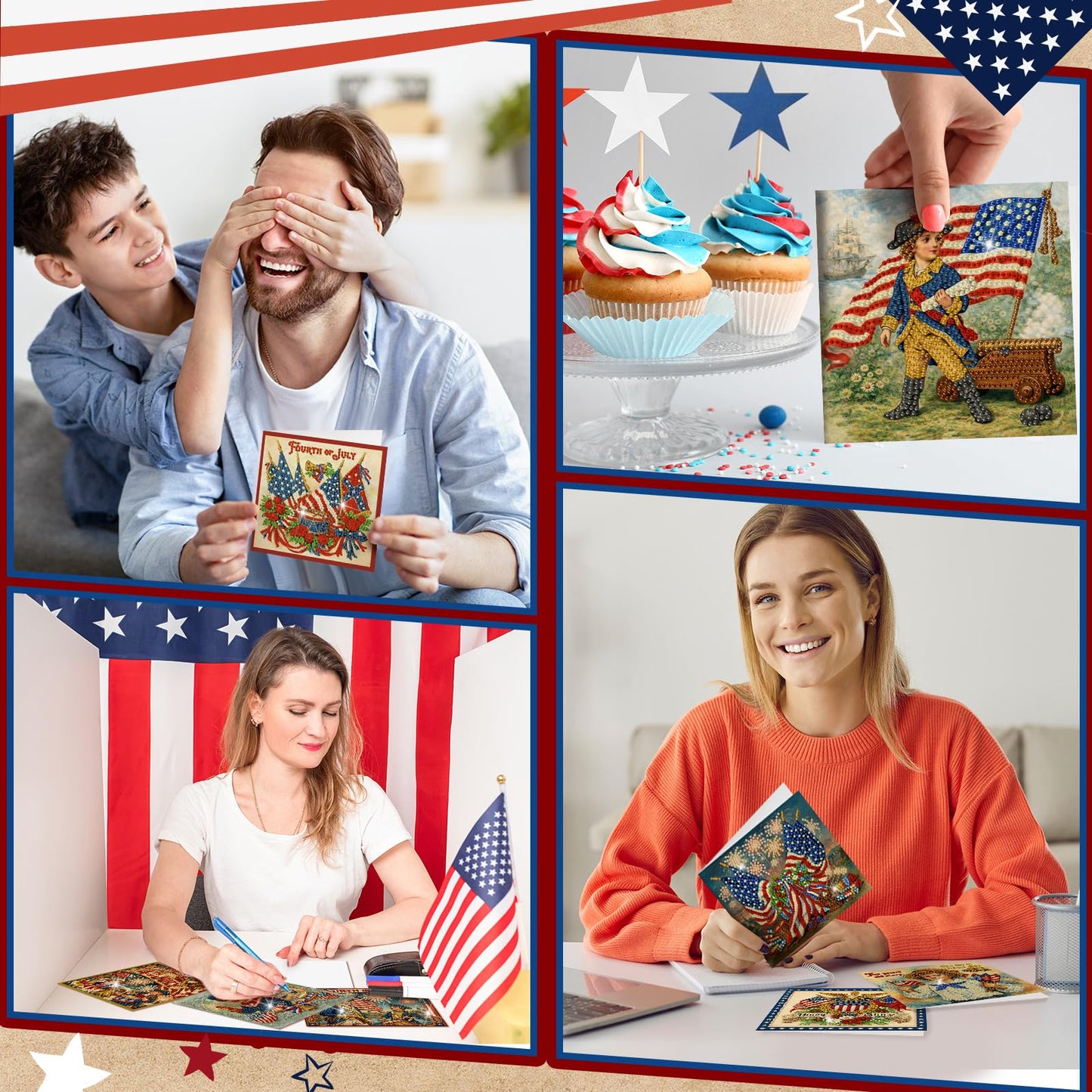 Saillong 12 Pack Vintage 4th of July Diamond Painting Greeting Card Kits Patriotic Diamond Art Cards with Envelopes Retro Red White Blue 5D Rhinestones Painting Making Kits for Adults DIY Craft Gifts