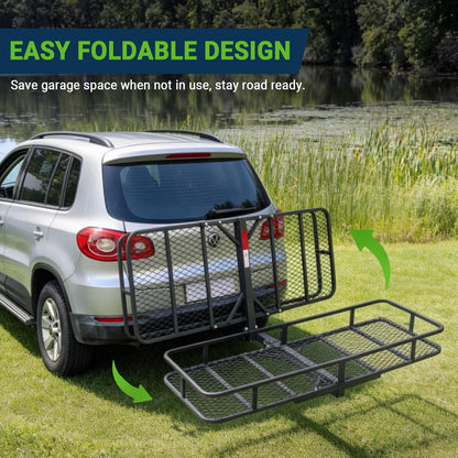 Season Guard Hitch Cargo Carrier with 14" High Side Rails, 60"x24"x14" Folding Steel Basket Rack, Heavy Duty Luggage Platform Fits 2" Receiver for SUV, RV, Trailer, Pickup Truck, 500lbs Capacity