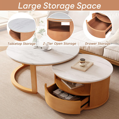 Merax 28.5" Round Nesting Coffee Table Set, Elegant Luxurious White Marble Top, Wood Finish, 2-Tier Storage and 1 Drawer for Living Room Apartment, Natural