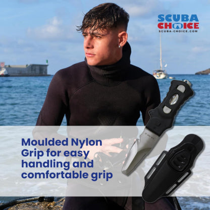 Scuba Choice Compact Stainless Steel Blunt Tip Dive Knife - 2.3" Plain Edge Blade with Ergonomic Nylon Handle, Durable for Scuba Diving, Snorkeling & Water Sports - Black/Silver