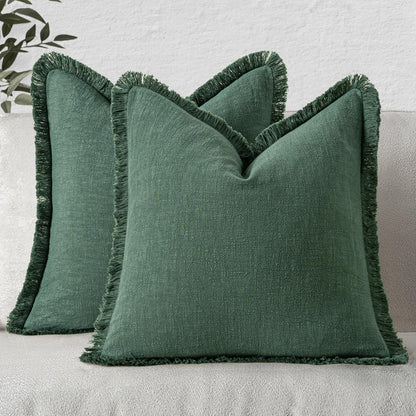 MIULEE Christmas Decorative Throw Pillow Covers Neutral Linen Fringe Fall Throw Pillows Set of 2 Natural Beige Boho Farmhouse Cushion Covers with Tassels for Couch Sofa Bed Home Decor 20x20 Inch