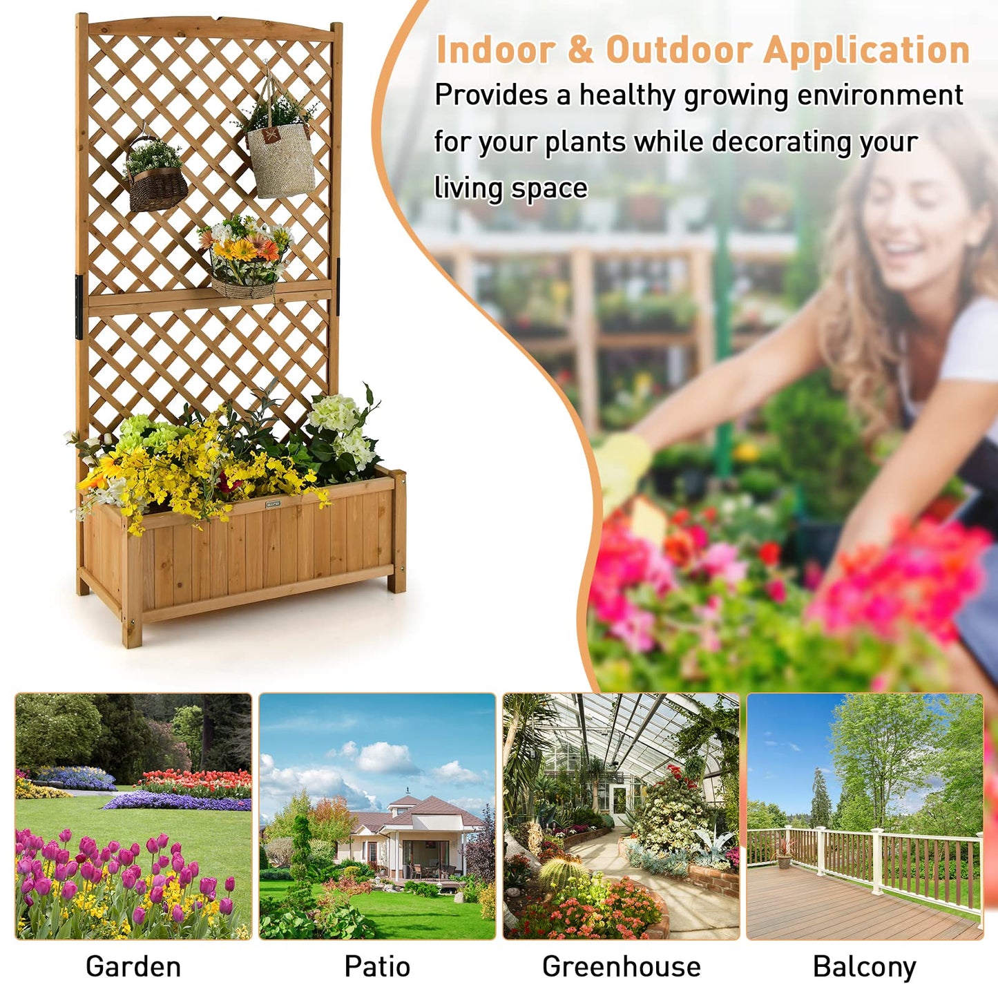 Giantex Raised Garden Bed with Trellis 2 Pack, 72'' Wooden Planter Box Outdoor w/Privacy Screen Roof, Large Vertical Garden Planter w/Drainage Holes for Climbing Plants, Patio Balcony Backyard