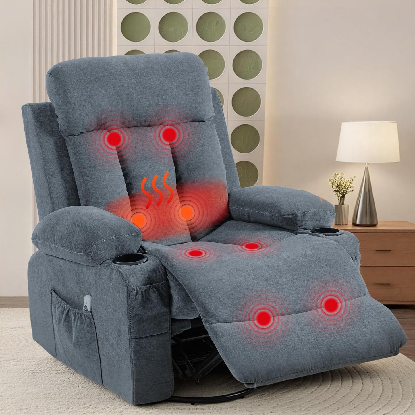 WiNVO 360° Swivel Rocking Chair, Rocker Recliner Chair with Vibration Massage and Heat, Ergonomic Lounge Chairs with Rocking Function and Side Pocket, Cup Holders, Blue