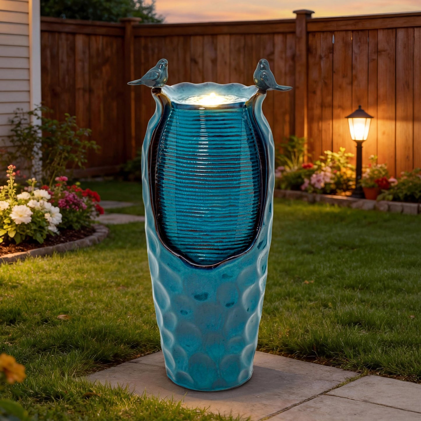 Autodaya 32.5" H Ceramic Jar Outdoor Fountain, Honeycomb Pot Water Feature with LED Lights, Soothing Trickling Waterfall for Garden, Patio, Yard, Balcony Oasis, KD Vivid Birds, Turquoise Glaze