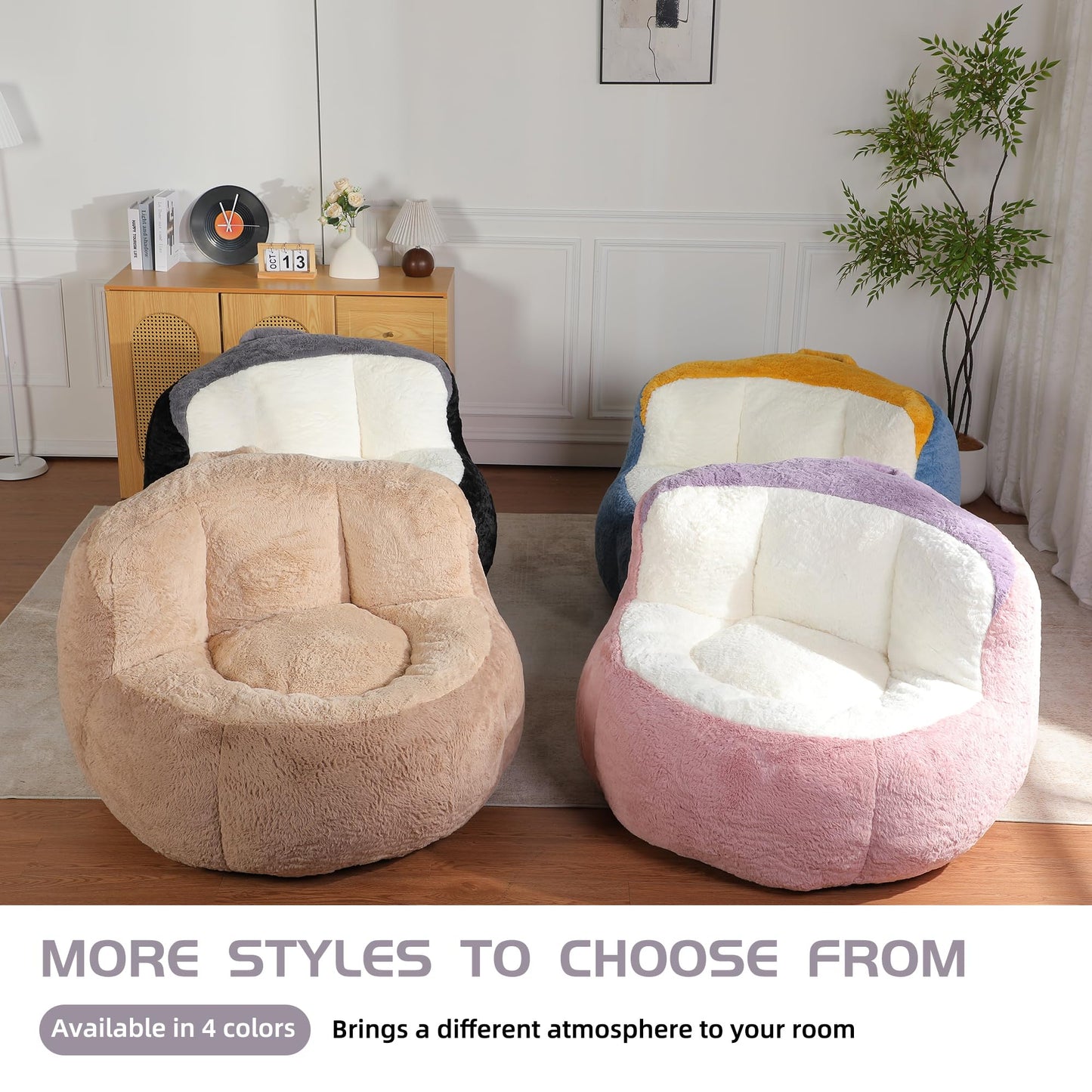 Amacv Oversized Bean Bag Chairs,Multicolor Faux Fur Couch Filled with Shredded Sponge,Large Lounger Sofa for Living Room,No Assembly Required, Black+White+Grey