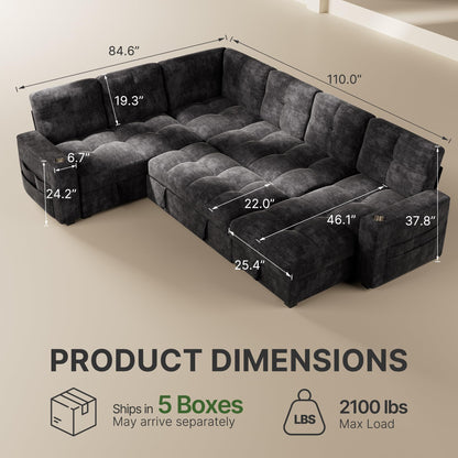 Marsail 110" Sectional Sleeper Sofa with Pull Out Bed, 7 Seat Modular Sectional Couch with Storage, USB & Cup Holders, Modern Chenille Cloud Sofa for Living Room, Dark Gray