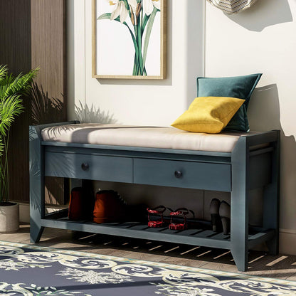 Acosure 42″ Storage Bench with 2 Drawers and 2 Cabinets，Multipurpose Entryway Shoe Rack W/Removable Cushion，for Living Room Hallway Porch,White