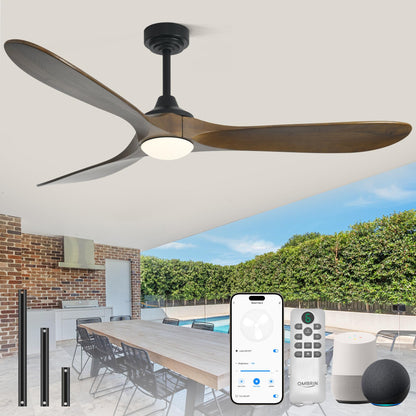 Ombrin 72 inch Outdoor Ceiling Fans with Lights,Smart Wood Large Ceiling Fan for Alexa,Google & APP Control,Indoor/Outdoor,3 Blades,3CCT Dimmable,Bronze Walnut,Downrod Mount for Patio Porch