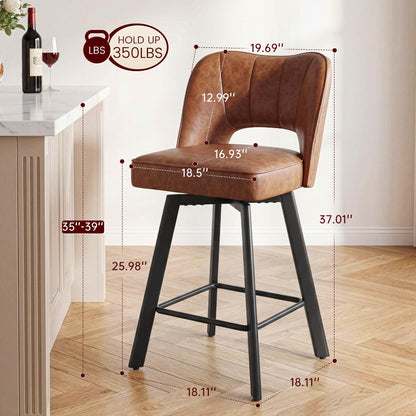 Homkdom Bar Stools Set of 3, 26 Inch Counter Height Swivel Bar Stools for Kitchen Island, Faux Leather Bar Stools with Back and Footrest, 360° Swivel, Metal Legs, 350 lbs, Cognac Brown