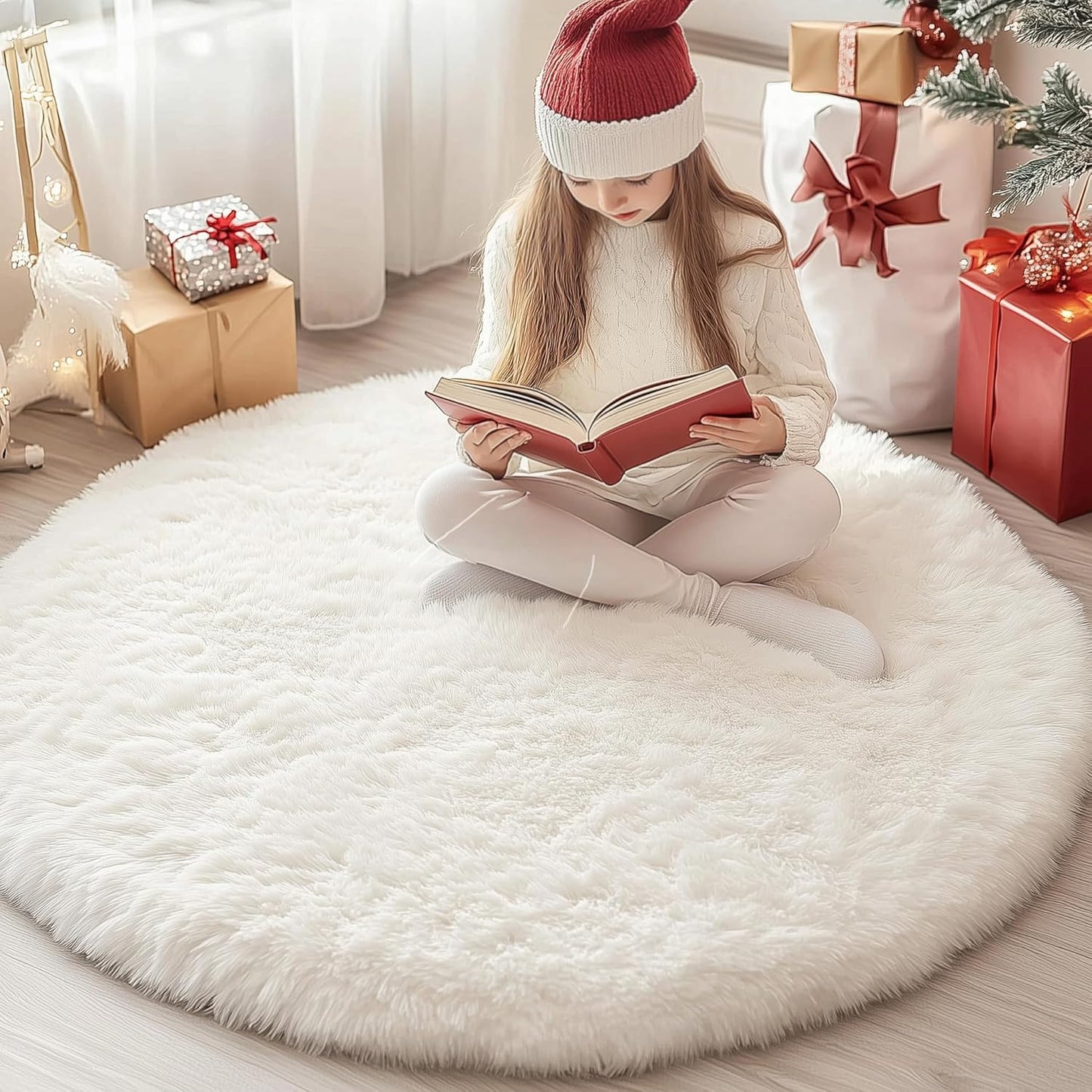 4Ft Xexsin Round Fluffy Rugs for Girls Bedroom, Cream White Shag Circle Kids Rug Non-Slip for Bedside Dorm Nursery