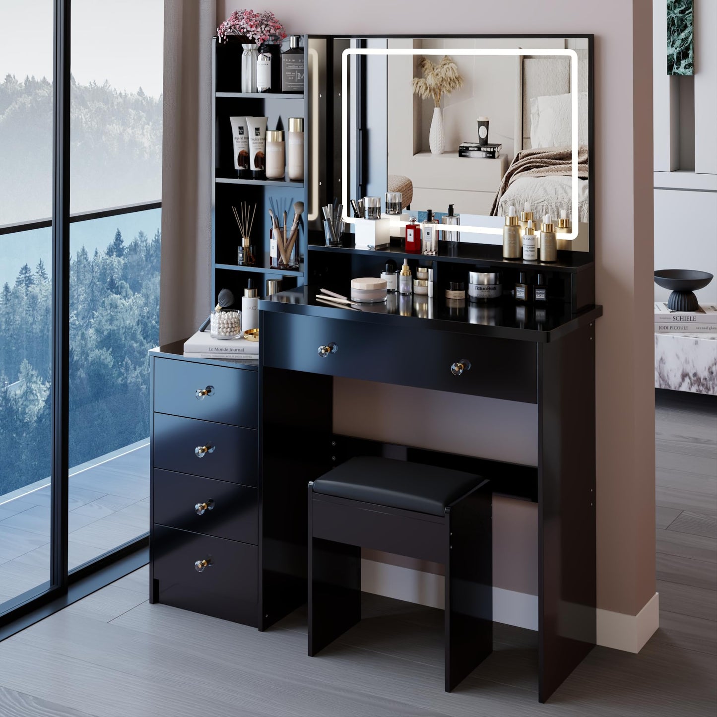KEIKI Extra-Wide Vanity Desk with Mirror, LED Lights,3 Lighting Colors，Touch-Control,Adjustable Brightness,Cushioned Stool,41'' Makeup Vanity Table Set with 5 Storage Drawers and Shelves,Black