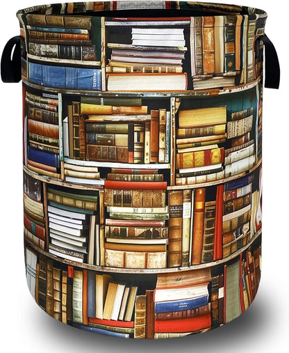 RGIFYIAE 18.9"x16.5" Retro Wooden Bookshelf Laundry Basket Oxford Cloth Books Laundry Hamper With Handle Foldable