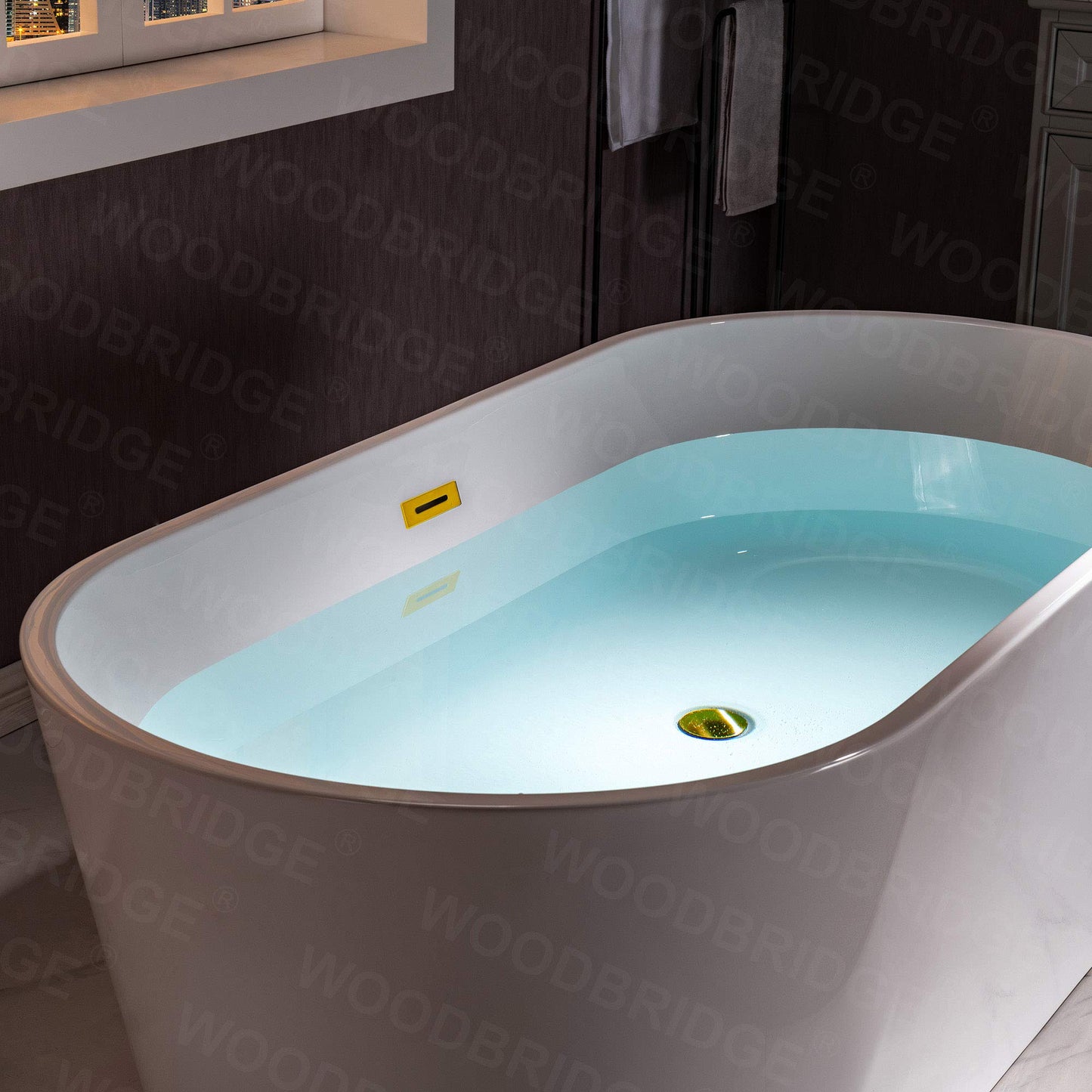 WOODBRIDGE 59" Freestanding White Acrylic Soaking Bathtub with Brushed Gold Drain and Overflow,BTA1514 -BG-Drain &O