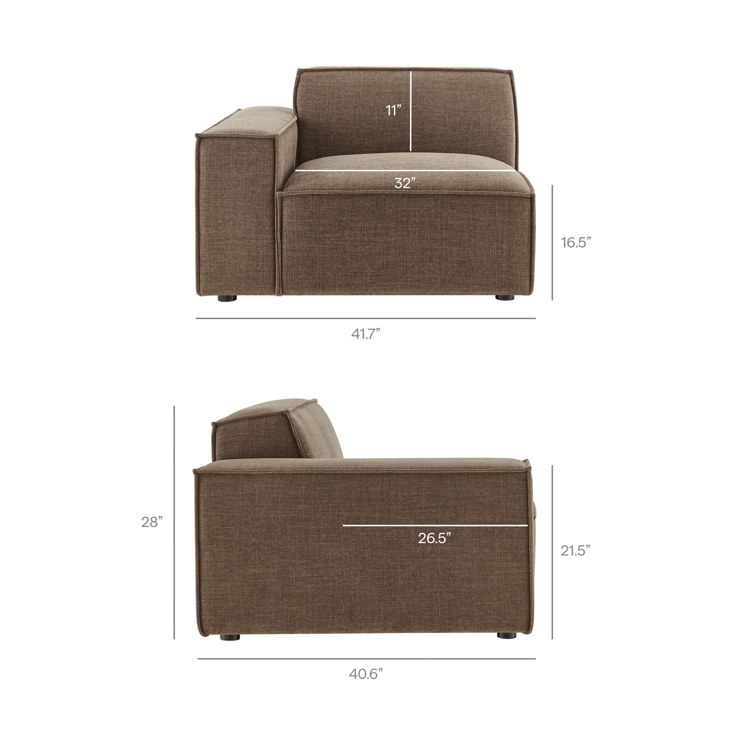 Modway Restore Left-Facing Modular Lounge Chair in Mocha - Living Room Fabric Upholstered Single-Arm Accent Armchair for Sectional Sofa with Coil Seat Support and French Piping