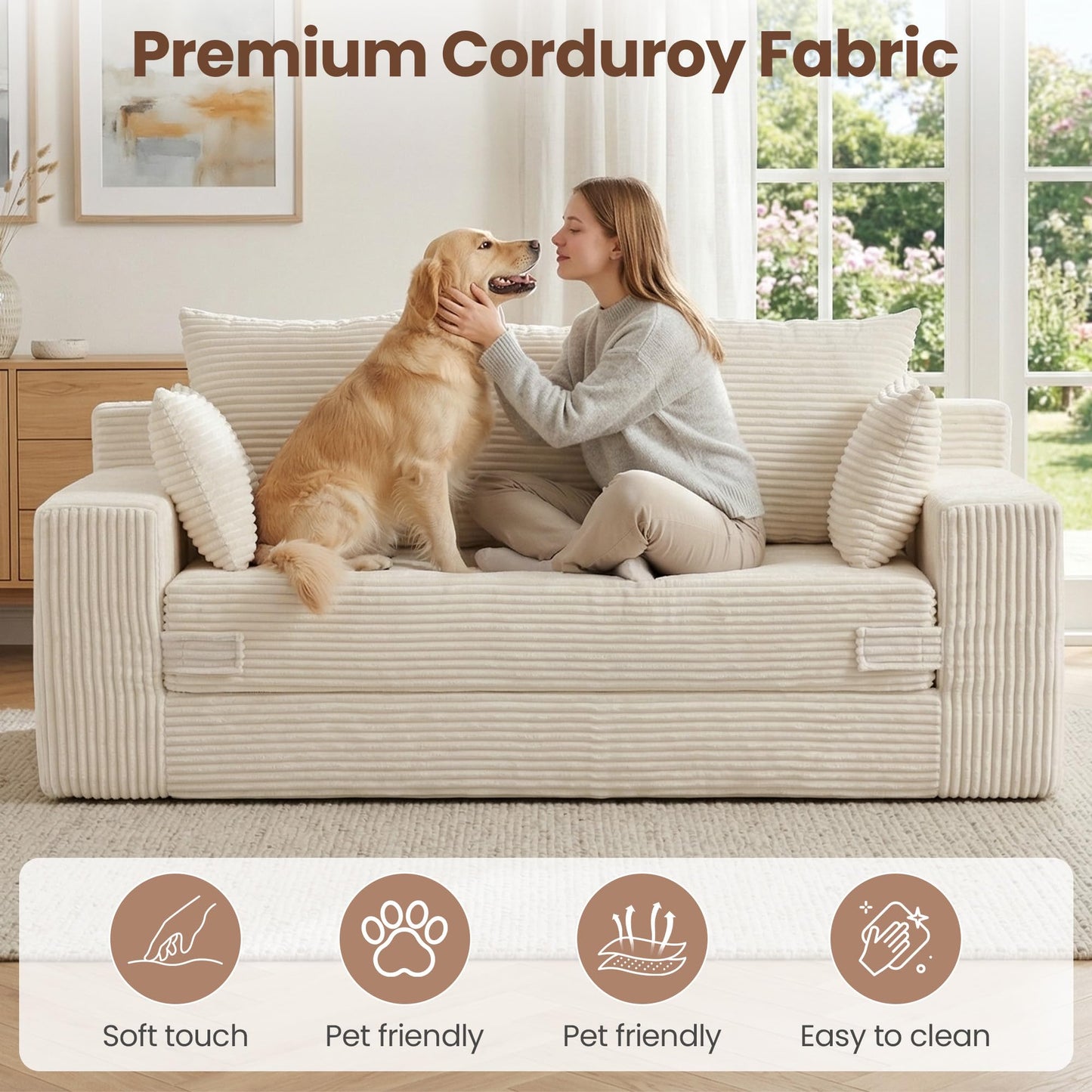 JUIKURY Boneless Couches 70 inch: 3-in-1 Convertible Sofa Bed Futon Couch Bed, Oversized Loveseat Sleeper Sofa with 5 Pillows, Beige Couch for Living Room, Bedroom & Small Space