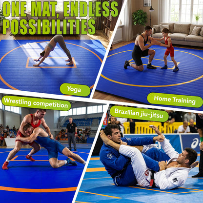 AORSUS 10ft x 10ft Wrestling Mat for Home, 1.25" High-Density EVA Foam Roll-Up Grappling Mat – Professional BJJ, MMA, Judo Training Surface – Portable Roll-Out Gymnastics Mat for Home Gym & Dojo, Blue