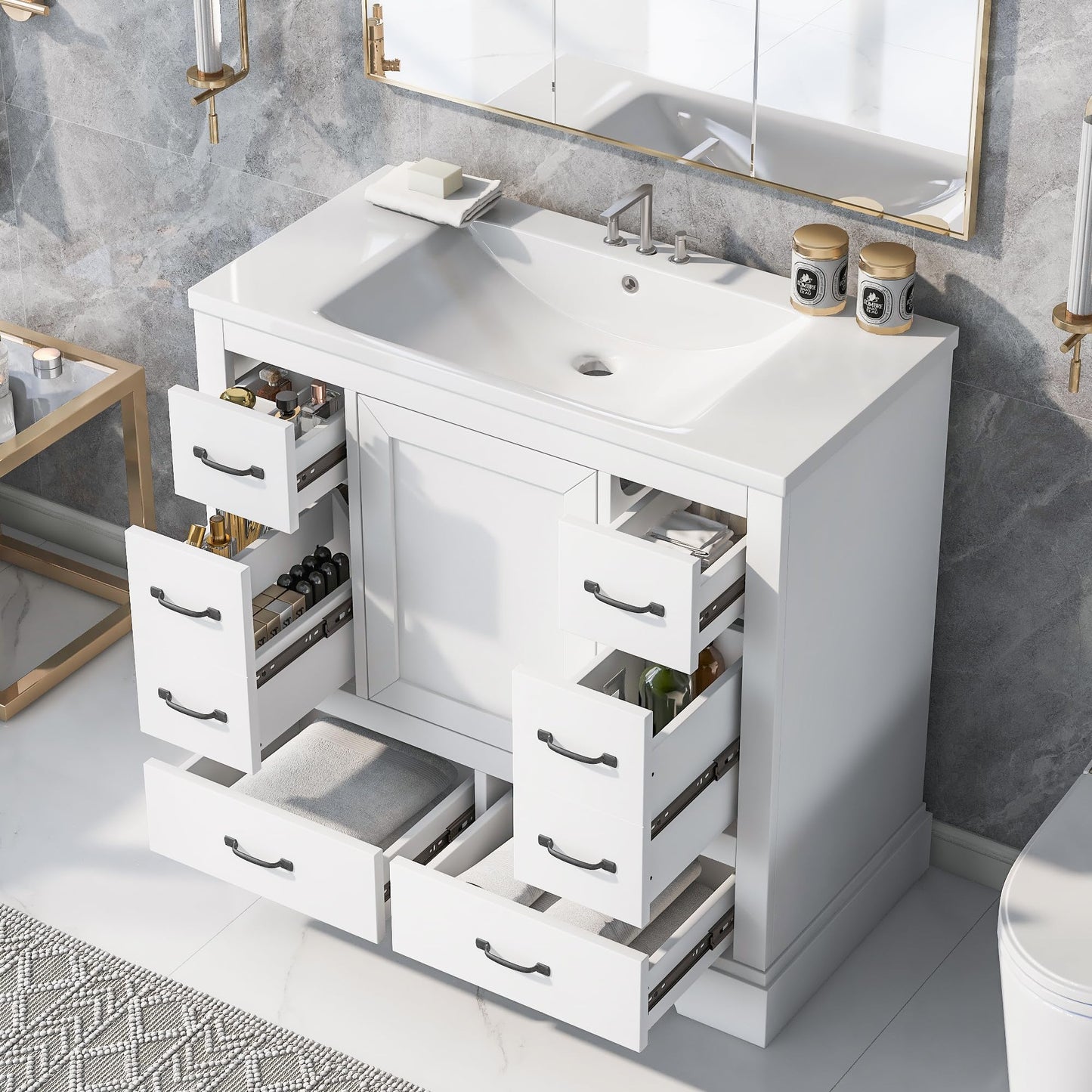 36" Bathroom Vanity Cabinet with Sink Set w/Painted Solid Wood Legs, Undermount Ceramic Top, Multi-Functional Drawers, Storage Dividers, White