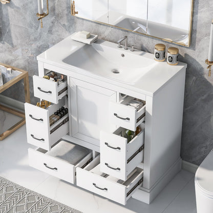 36" Bathroom Vanity Cabinet with Sink Set w/Painted Solid Wood Legs, Undermount Ceramic Top, Multi-Functional Drawers, Storage Dividers, White