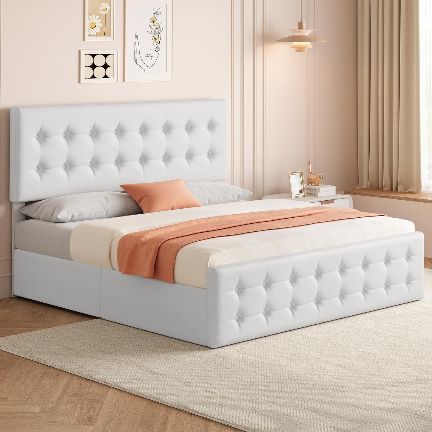 IDEALHOUSE King Size Bed Frame with 4 Storage Drawers and Headboard, Faux Leather Upholstered Platform Bed Frame with Wooden Slats Support, Button Tufted Design, No Box Spring Needed, White