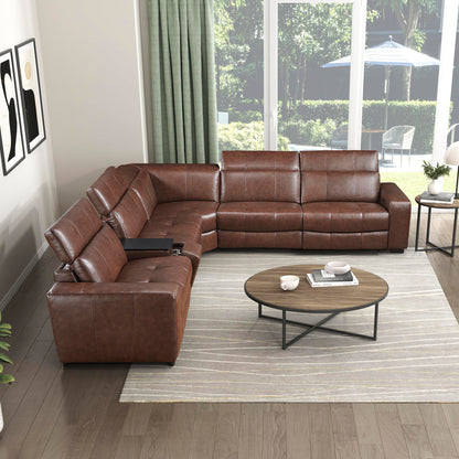 Lexicon Sectional Couches for Living Room-Modular Sectional Sofa, 5 Seater L Shaped Couch, Storage Console, Power Headrests, Charging Ports, 3 Wall Hugger Recliner Seats, Top Grain Leather Brown