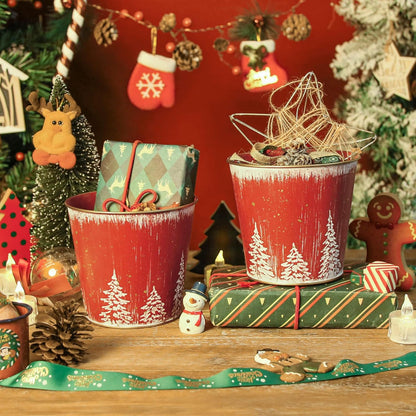5.9in 4Pcs Putuo Decor Christmas Planters Pots, Small Metal Tin Buckets with Christmas Tree Pattern, Round Galvanized