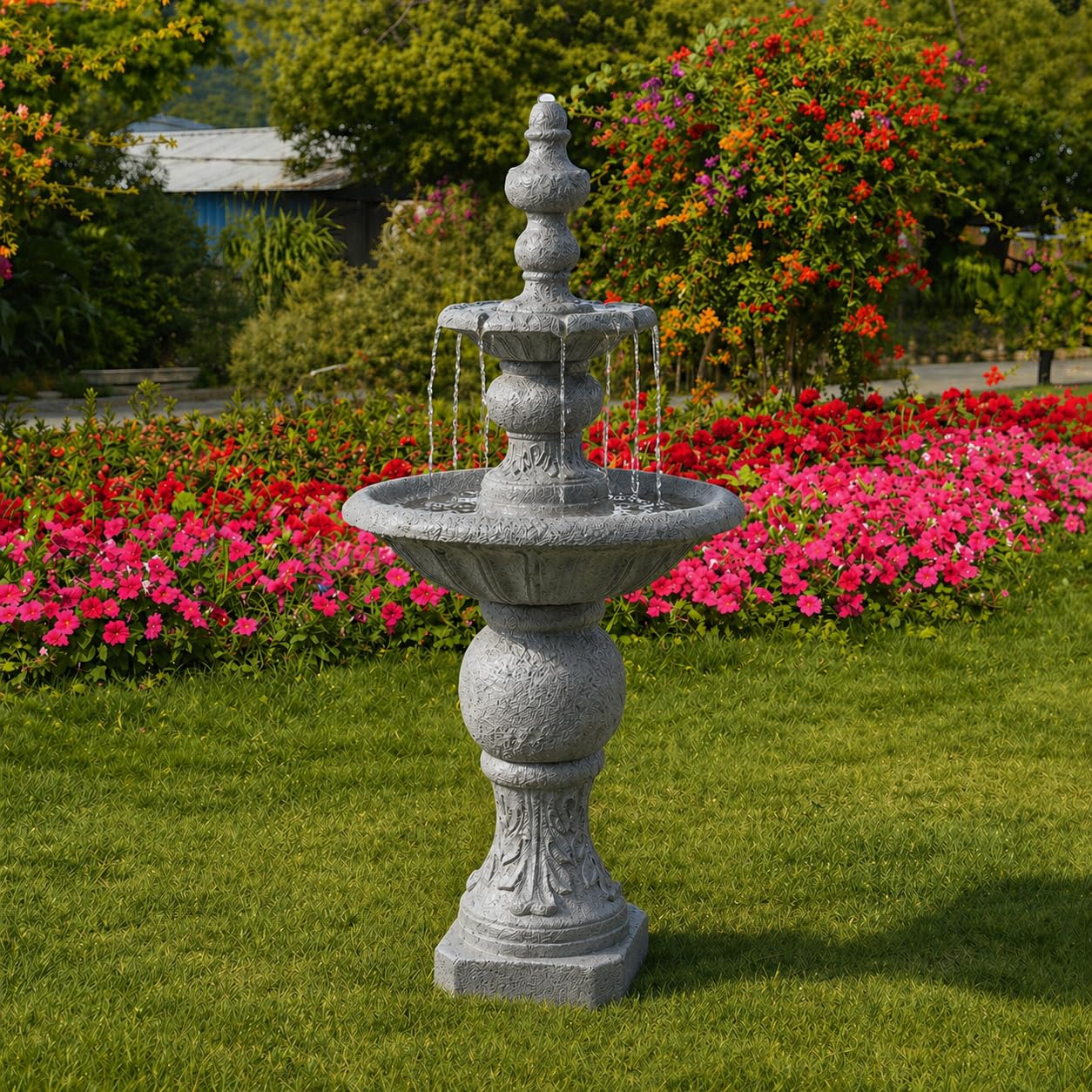 Teamson Home 52.56 in. Outdoor Two-Tier Water Fountain with Realistic ICY Stone Texture for Outdoor Living Spaces Creating a Calming Oasis for Gardens, Landscaping, Patios, Balconies, Lawns, Gray