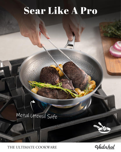 VEDNHOL Titanium Pan, 12 Inch Pure Titanium Hammered Pro frying pan with Lid, Non-Toxic Skillet for Cooking, PFAS/PFOA/PTFE Free Cookware, Dishwasher&Oven Safe, Kitchen Induction Compatible
