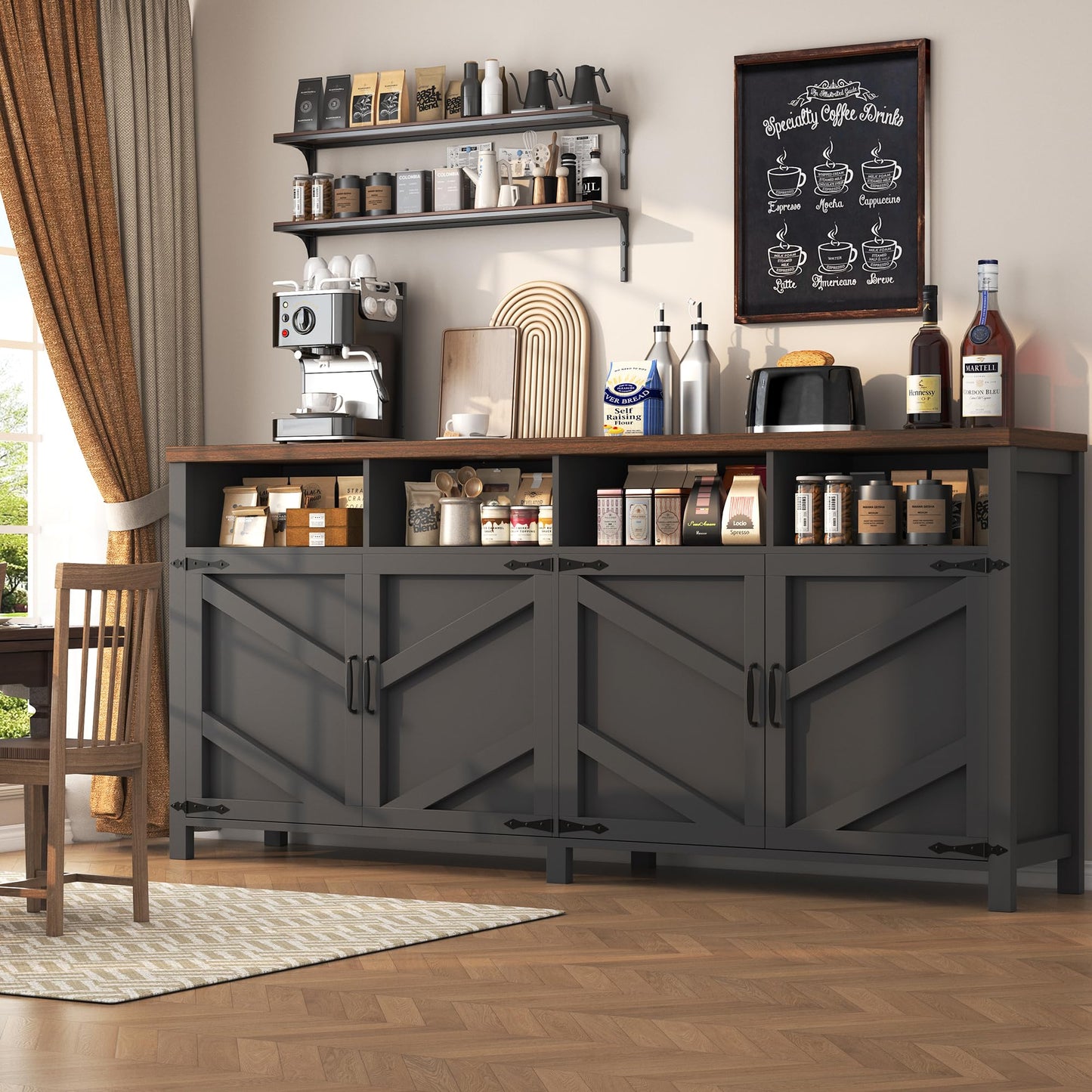 knoworld 63'' Buffet Sideboard with Storage Farmhouse with 4 Doors, Large Kitchen Storage Cabinet Wood Coffee Bar Cabinet Buffet Table with Shelves for Kitchen, Dining Room, Entryway
