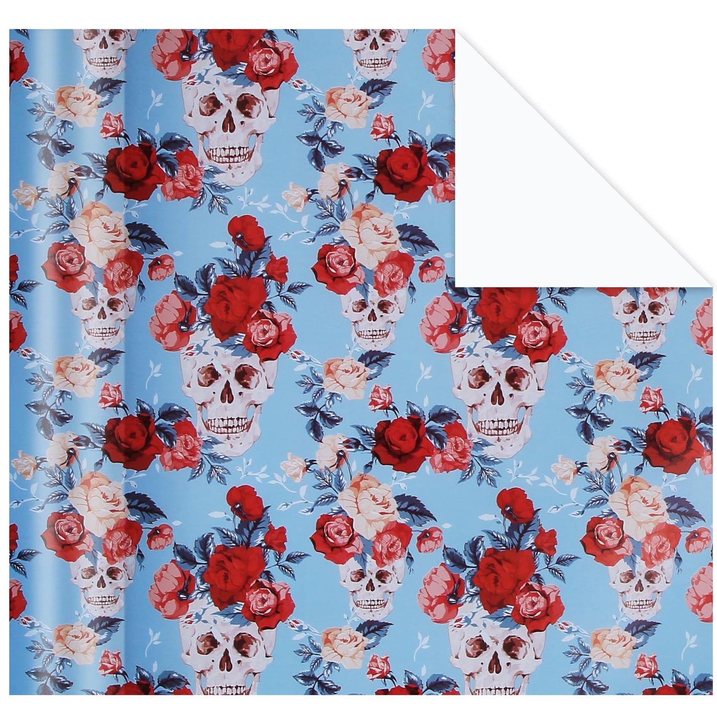 Aimyoo Blue Skull Floral Wrapping Paper Jumbo Roll 17 in x 60ft, Gothic Gift Wrap Paper for Halloween Wedding Bridal Shower