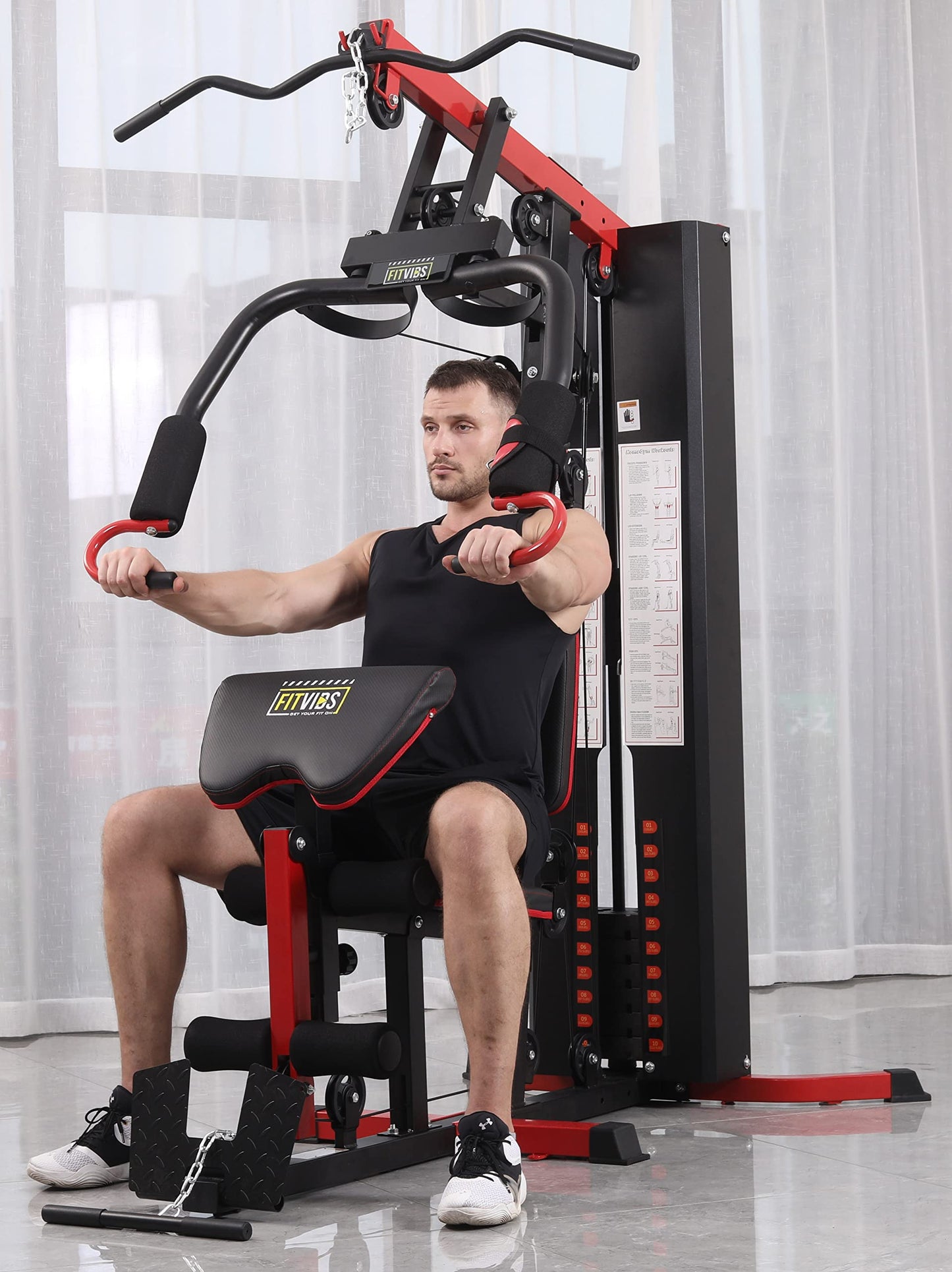 Fitvids Multifunctional Home Gym System Workout Station with Leg Extension and Preacher Curl, 122.5LB Weight Stack, M750, Multiple Pacakges