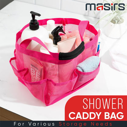 Masirs Mesh Shower Caddy Bag, Large Collapsible Portable Bathroom Organizer for Travel, Gym, & Dorm - 9 Pocket (Pink)