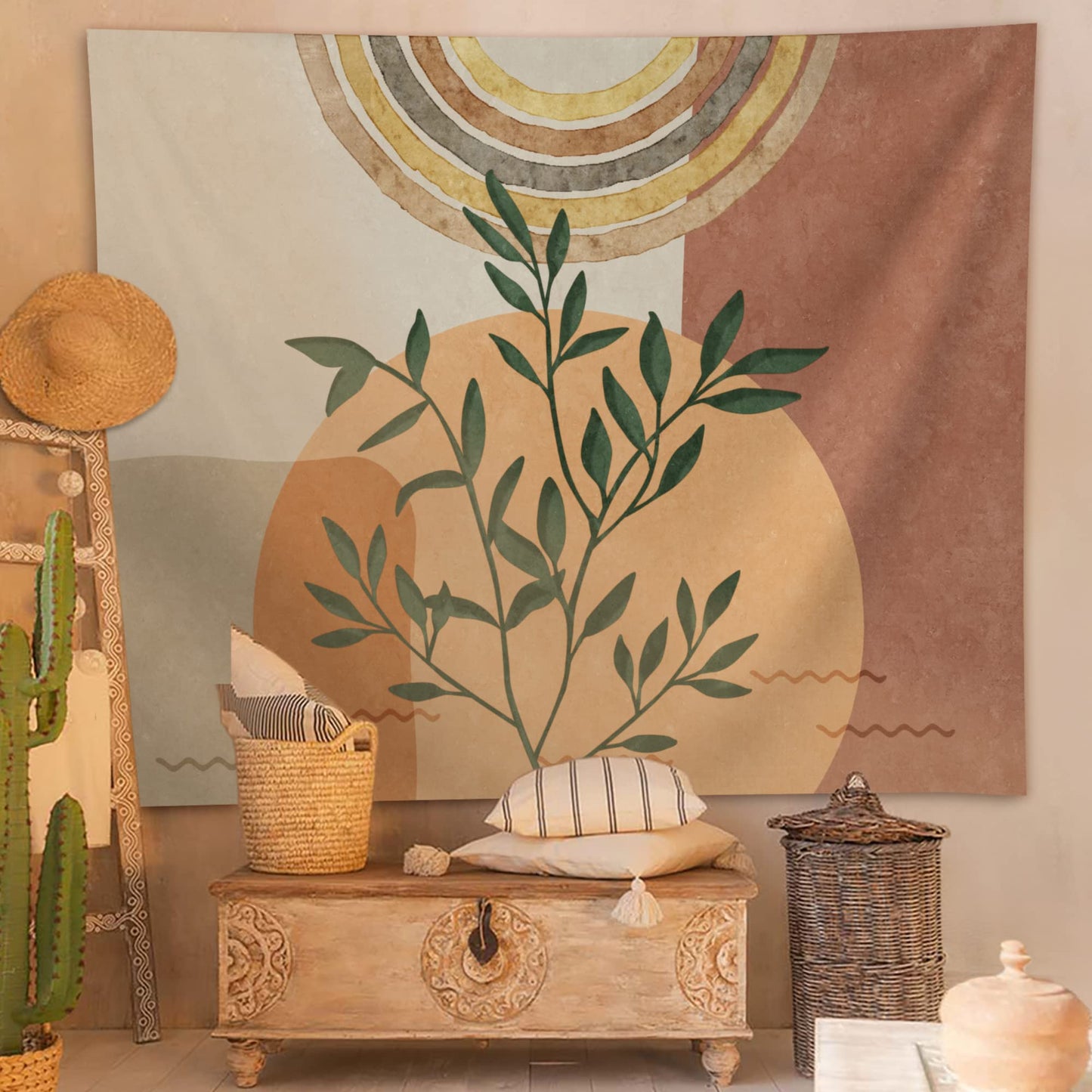 SUOTEMEIFEI Boho Plant Art Tapestry,retro Plants Tapestry Sunset Landscape Abstract Aesthetic Wall Bedroom Living Room Decor College Dorm Wall Hanging
