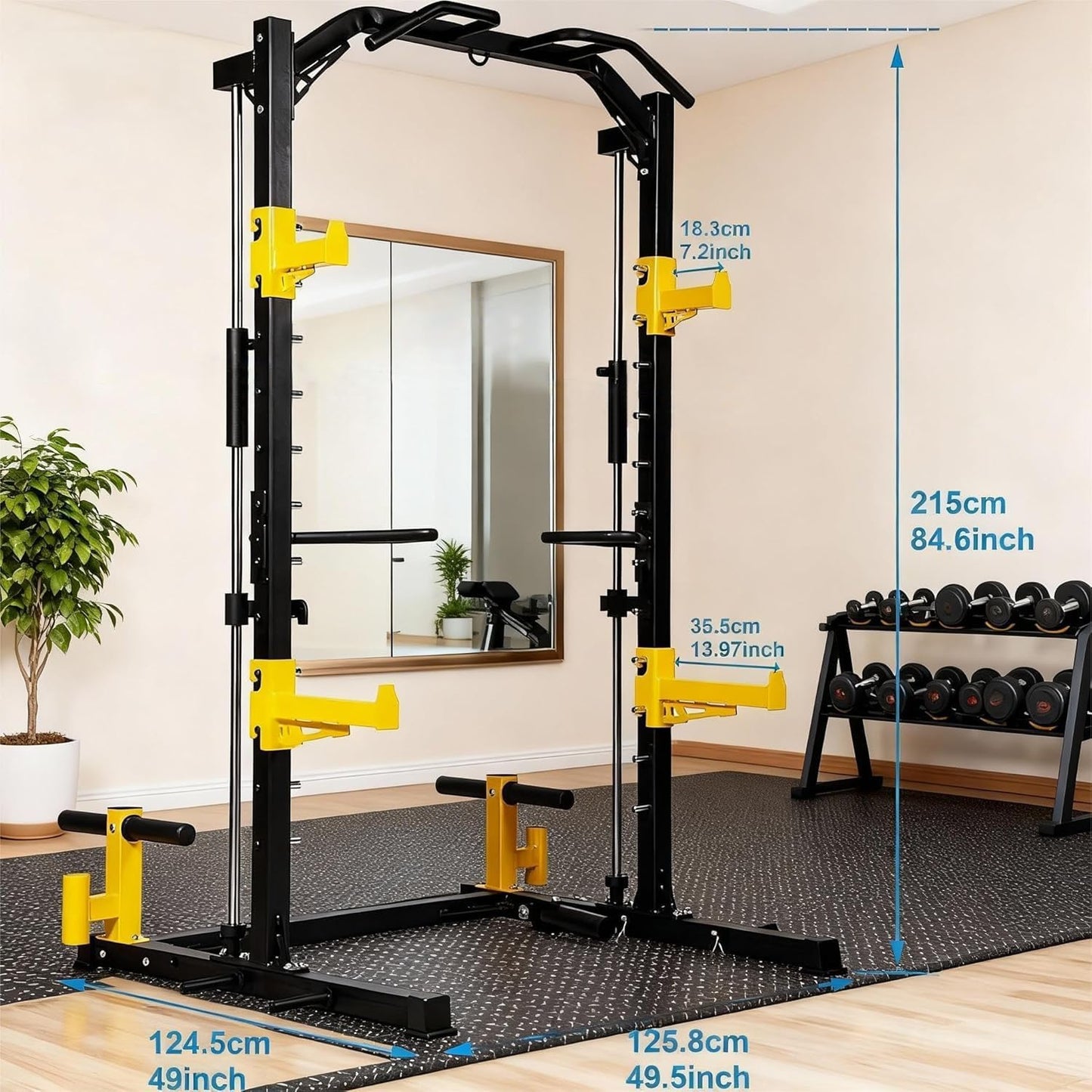 Fitvids Smith Machine Power Cage, 2000lb Multi-Function Squat Rack with Weight Plate Storage, J Hooks, T-Bar Row Platform & Multiple Grip Handles for Home Gym Strength Training