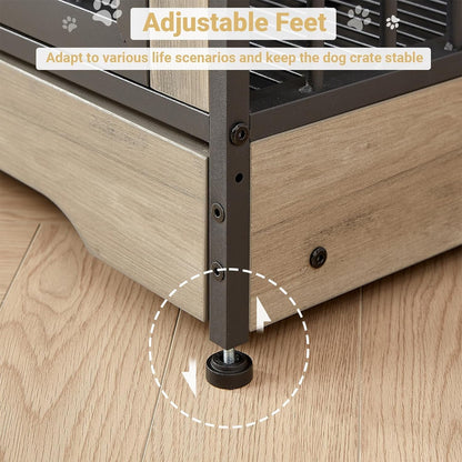 Rovibek 75'' Double Dog Crate Furniture for 2 Large Dogs, Heavy Duty Furniture Style Dog Crates End Table, Wood Crates for Dogs Kennel Indoor with Double Door, Grey