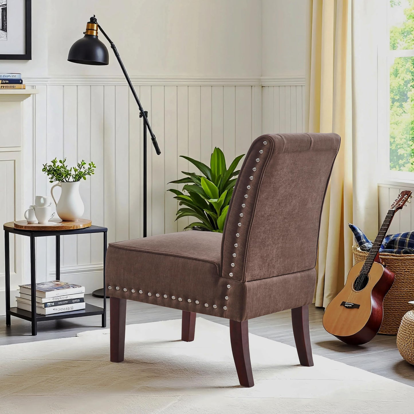 ModaSeren Armless Accent Chairs Set of 2: Upholstered Slipper Armless Chairs with Nails Decorative Slipper Chairs for Bedroom Living Room Dining Room (Brown)