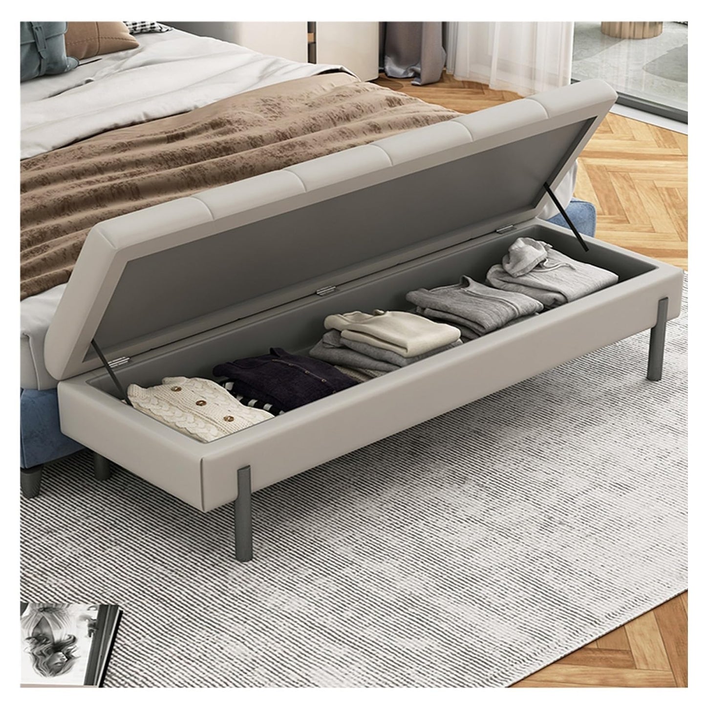 Bedroom End of Bed Bench Storage Footstool, Bedroom End Bench, Upholstered Fabric Storage Footstool, Entryway Upholstered Footstool, Footstool for Living Room and Bedroom Ottoman Couch Bench (Color :