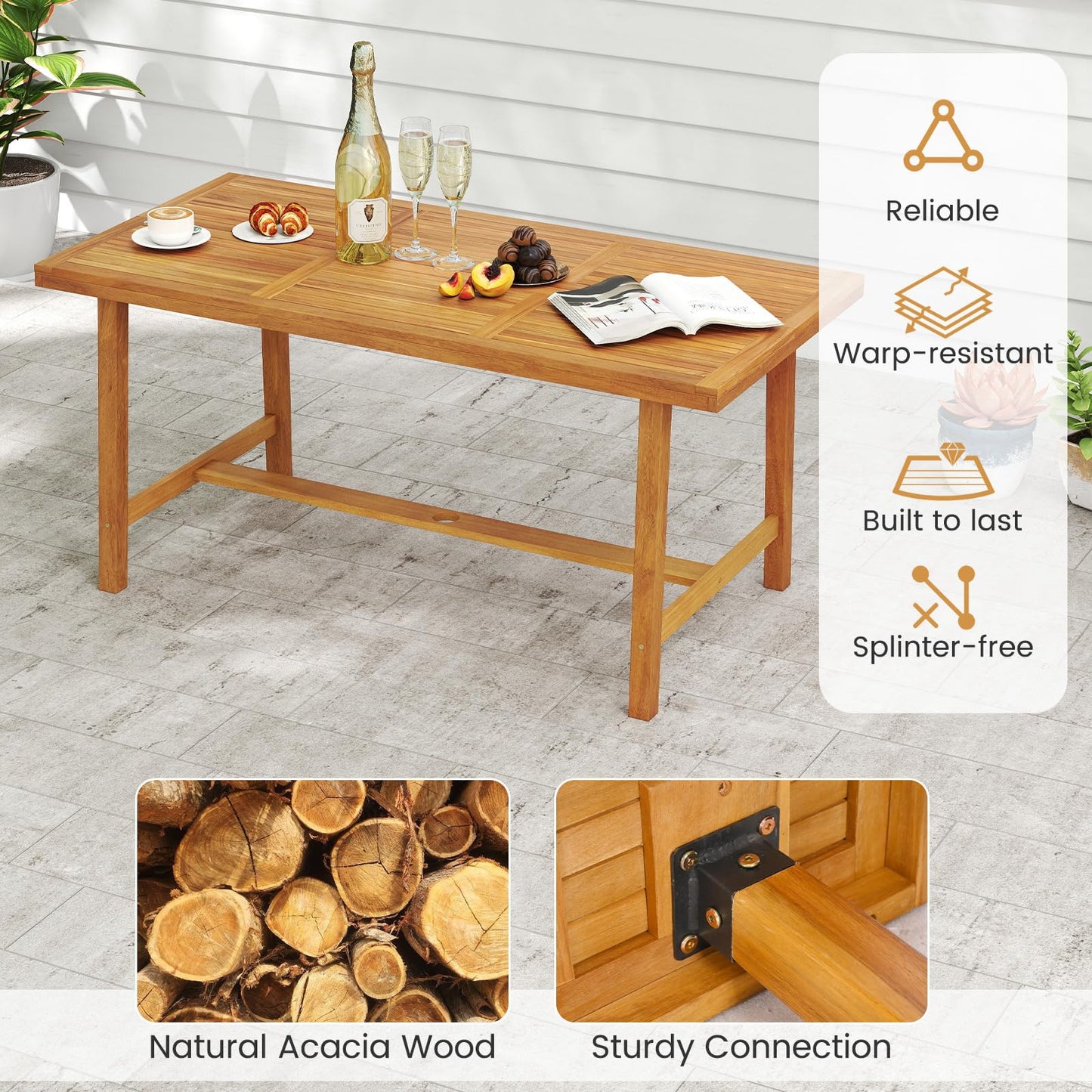 Tangkula 7 Piece Patio Dining Set for 6 People, 63” Outdoor Rectangular Acacia Wood Table with 1.97” Umbrella Hole & 6 Armchairs with Padded Seat Cushions, for Deck Yard and Poolside