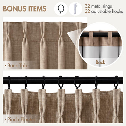 MIULEE Pinch Pleated 100% Blackout Curtains 108 Inch Long 4 Panel Set for Bedroom Thick Linen Memory Trained Pleat Living Room Darkening Back Tab Double Layer Thermal Insulated Drapes, Linen
