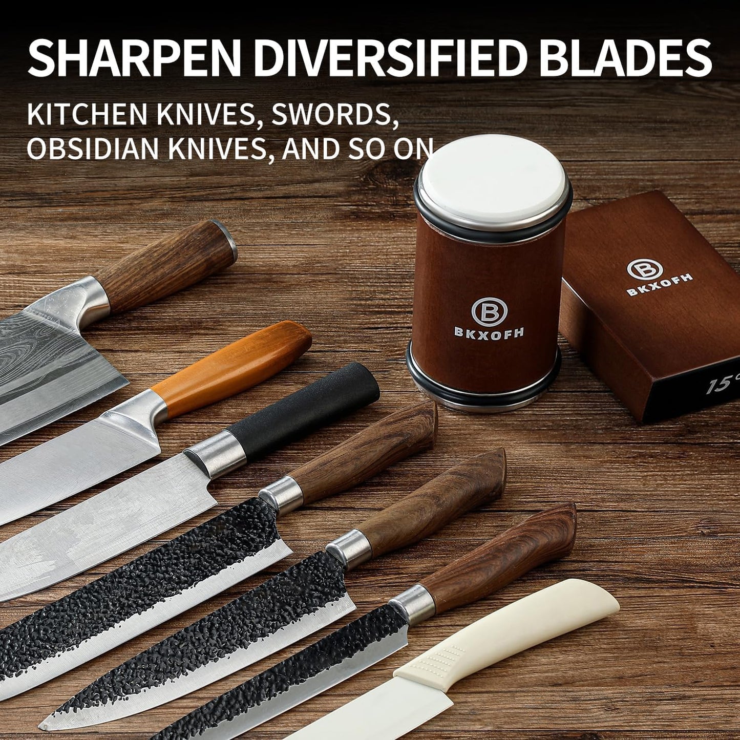 Rolling Knife Sharpener Kit, Knife Sharpening Kit, Kitchen Knives Sharpener Roller with Diamond and Ceramic for Steel of Chef Blade, Knives Sharpening Tool with 15 & 20 Degree Magnetic Angle, Walnut