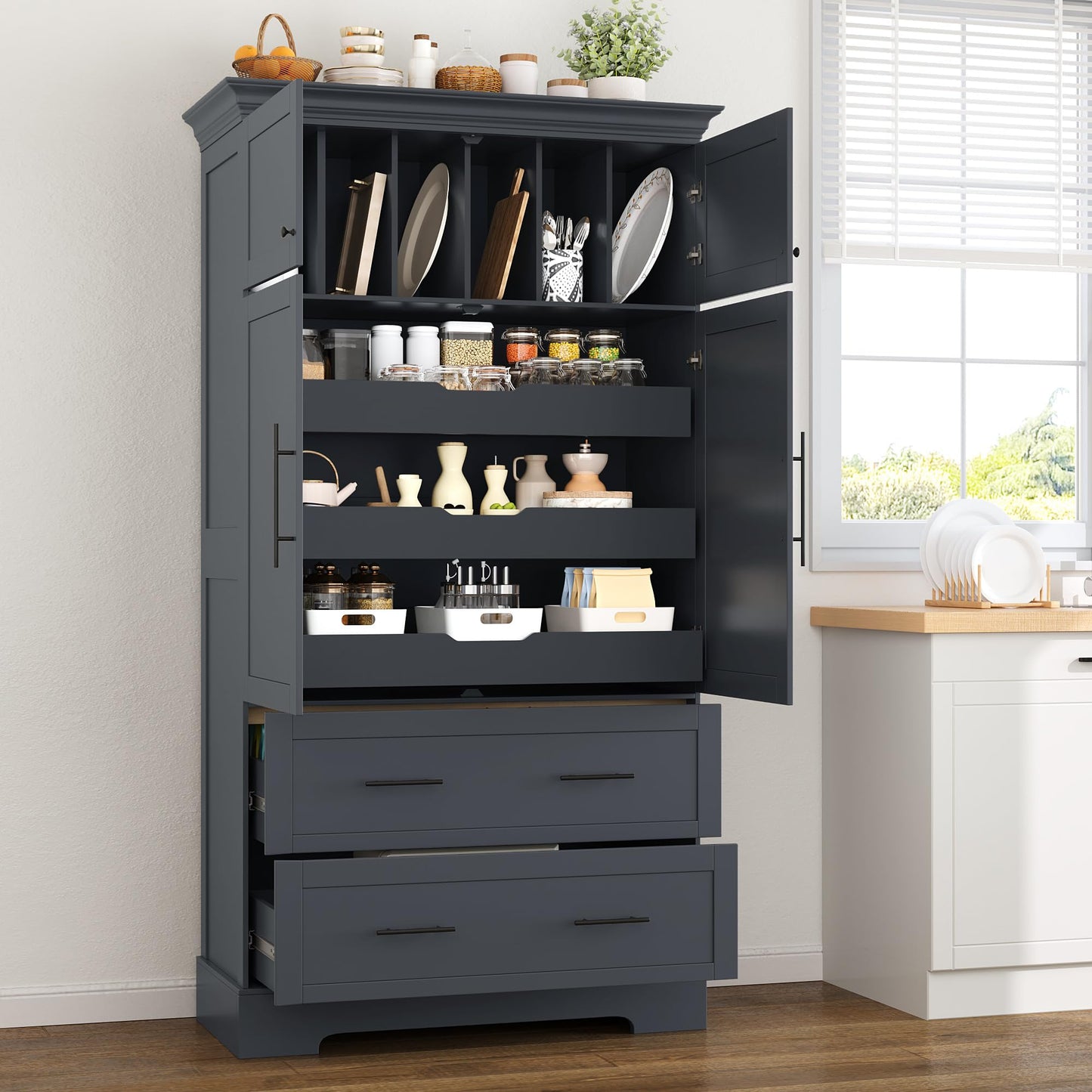 Merax 72.6" Farmhouse Kitchen Pantry Cabinet with Pull-Out Trays & Drawers, Freestanding Pantry with Cake Pan Storage, 4-Door Shaker Style Storage Cabinet, 40" L x 18" W, Grey