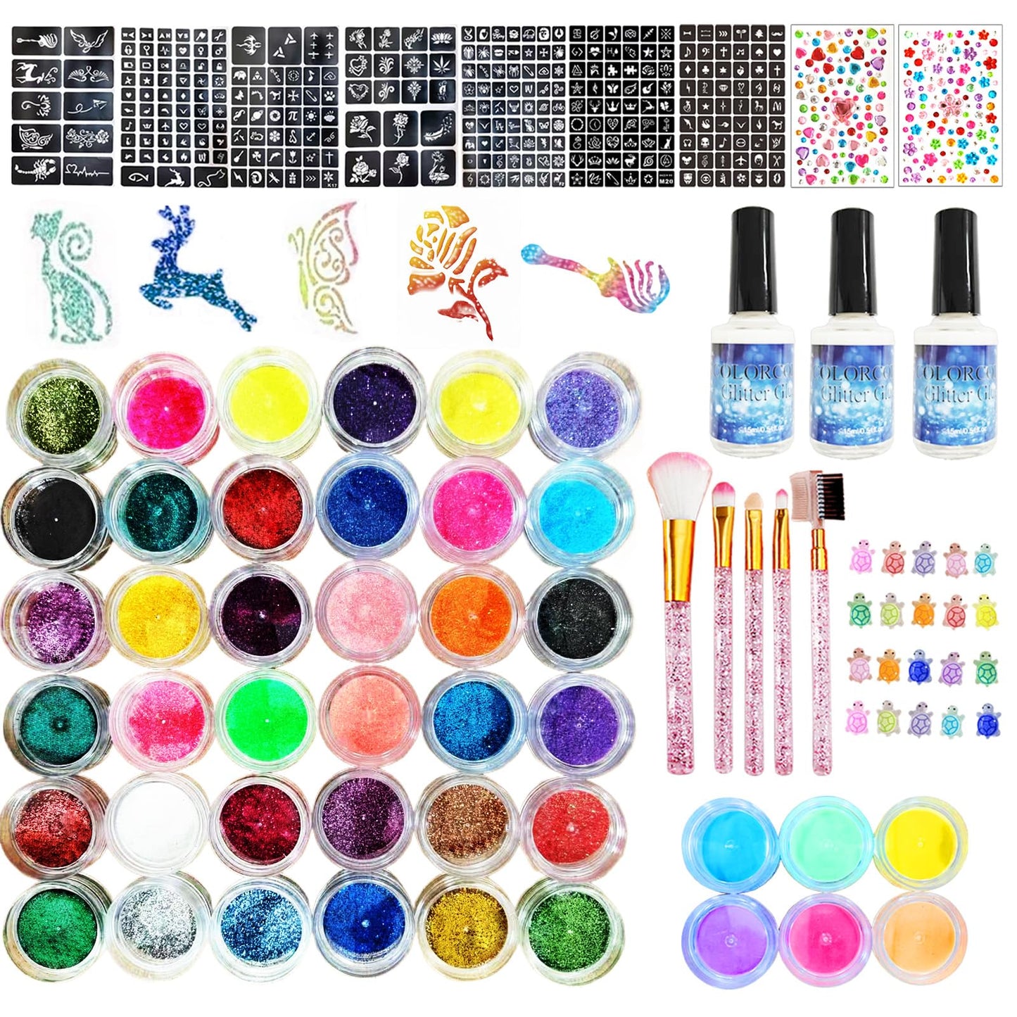 Glitter Tattoo Kit, All-in-One Glitter Tattoos for Kids & Adults with 295 Stencils, 42 Color Powders, 2 Gem Stickers & 20 Turtle Rhinestones, Face & Body Art, Ideal for Carnival, Birthday Party Gift