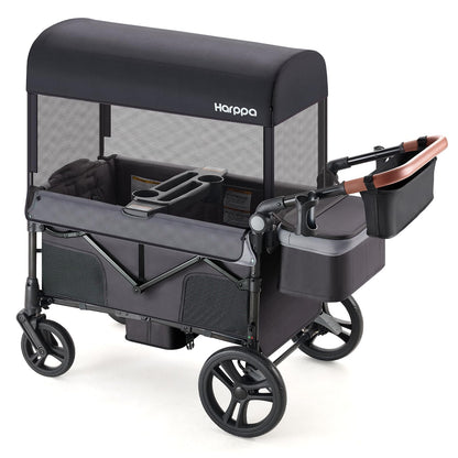 HARPPA Foldable Wagon for Kids, 2 Seater Stroller Wagon with Seats, One-Button Fold, UPF50+ Canopy & Mosquito Net, All-Terrain Wheels, Adjustable Handle, Easy to Store Dark Gray
