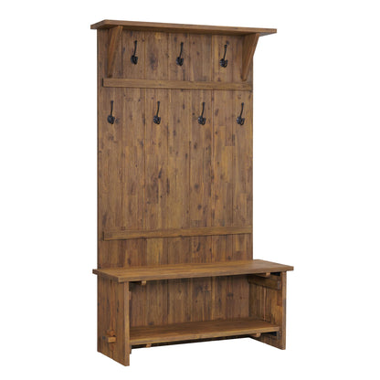 Alaterre Furniture Bethel Hall Tree with Bench – Rustic 70-Inch Entryway Organizer with 7 Metal Double Coat Hooks, Solid Wood Bench and Storage Shelves for Mudroom or Hallway (Natural Aged Brown)