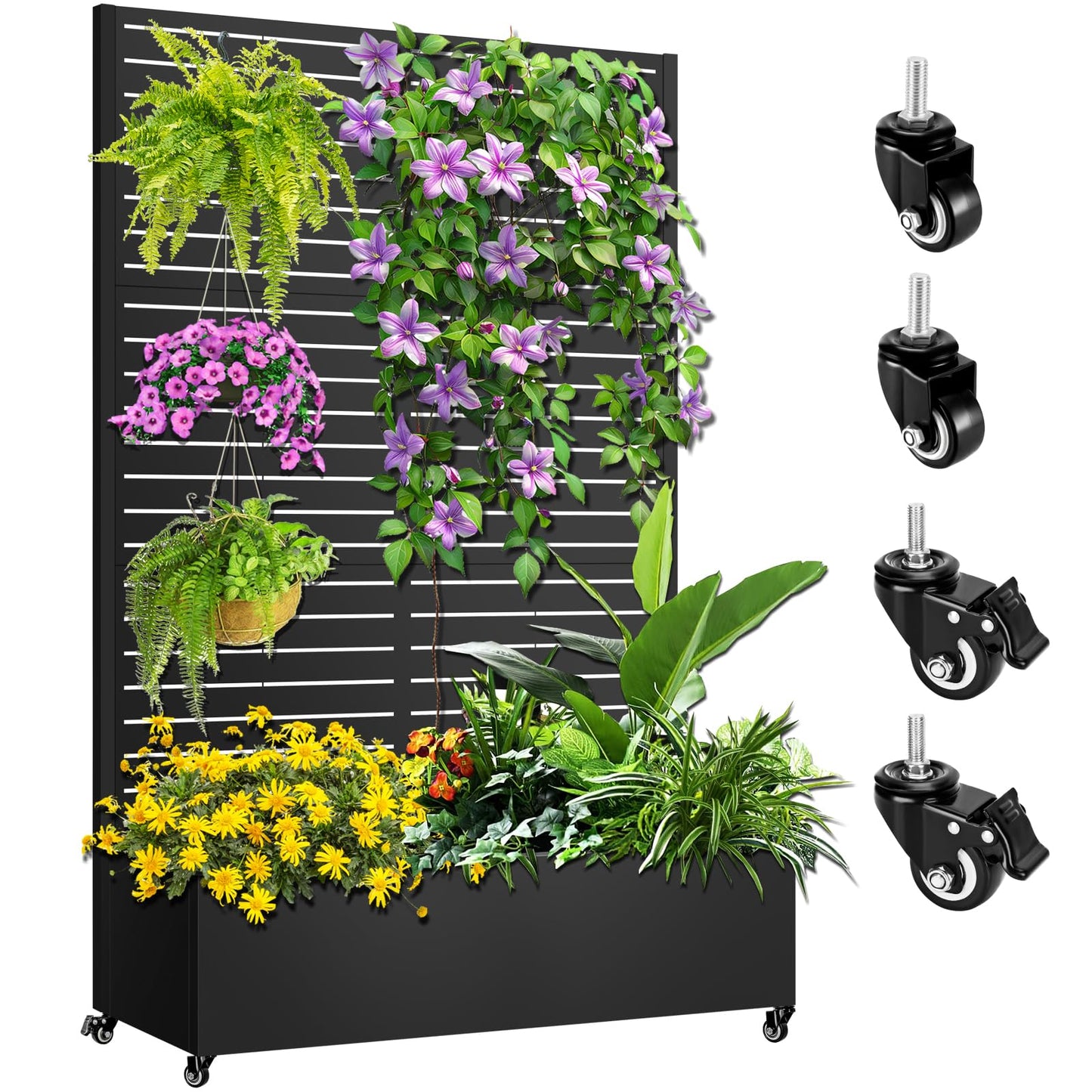 Meyoppm 72"x47"x16" Metal Planter Box with Trellis, Galvanized Steel Raised Garden Bed with Lockable Casters & Drainage Holes, Outdoor Large Planter Box for Climbing Plants, Vegetables & Flowers