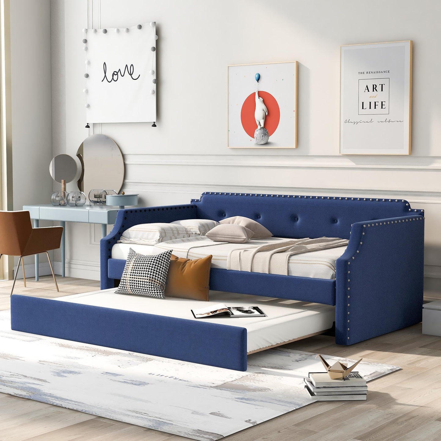 GDFStudio Twin Upholstered Daybed with Trundle, Linen Fabric Sofa Bed Frame with Wood Slats Support, Pull-Out Guest Bed for Living Room Bedroom Apartment, Blue