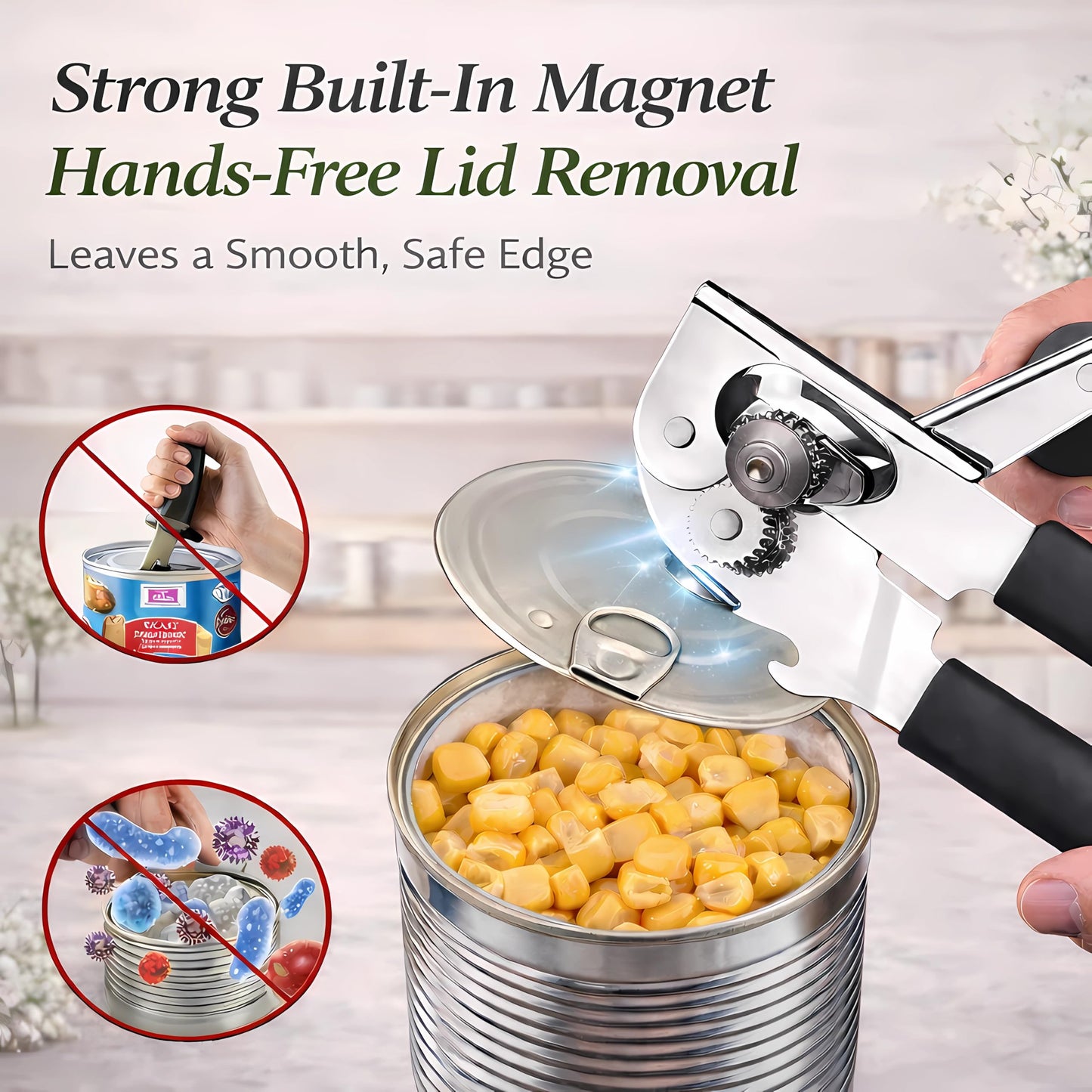 Commercial Can Opener, Heavy Duty Manual Can Opener for Large Cans, Hand Crank Can Opener with Magnetic Lid Lifter, Stainless Steel with Bottle Opener