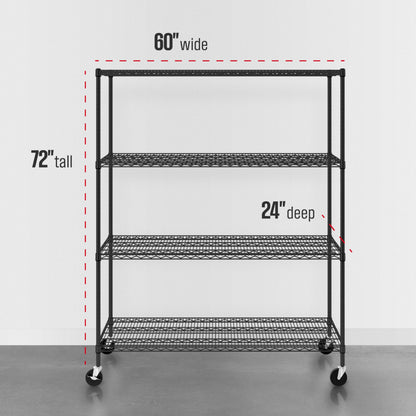SafeRacks - NSF Certified Storage Shelves, Zinc, Heavy Duty Steel Wire Unit with Wheels and Adjustable Feet, Garage or Bakers Rack, Kitchen, Pantry Shelf - (24"x60"x72" 4-Tier) (Black)