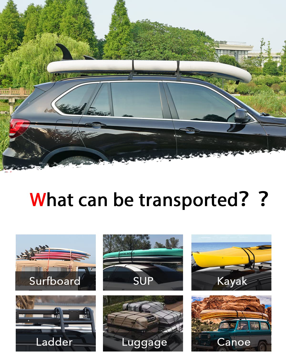 WONITAGO Soft Roof Rack Pads with Single Wrap-Rax Straps and Storage Bag, Universal Car Roof Rack for Surfboard, Kayak, SUP Paddleboard, Canoe, 28" (Pair)