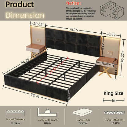 KEIKI King Bed Frame with Lights and Nightstands, Velvet Upholstered Platform Bed with Metal & Wood Frame, Built-in LED and Floating Bedside Tables, No Box Spring Needed, Black