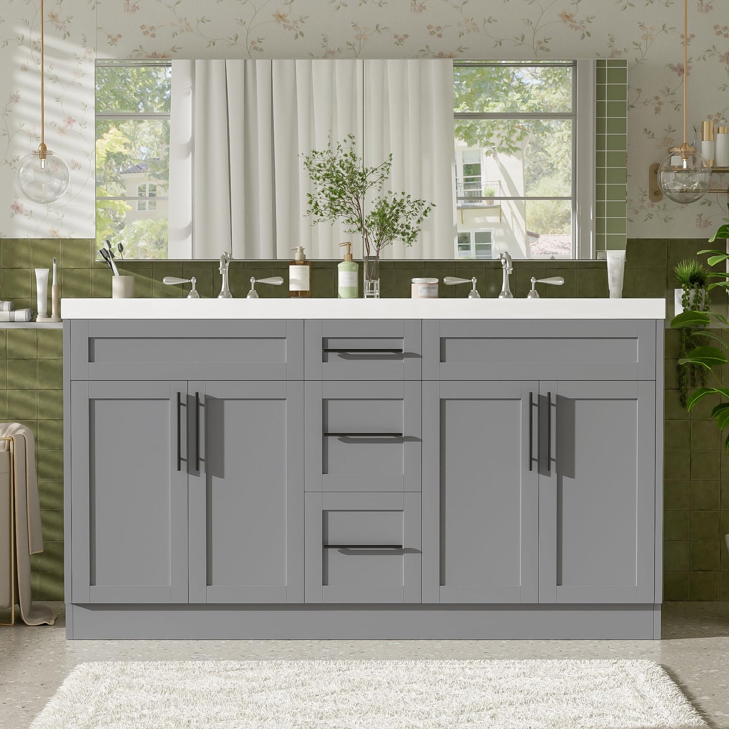 Merax Modern 59.3'' Large Bathroom Vanity with Double Sink Combo, Wood Bathroom Storage Cabinet with Soft Close Door & 3 Drawers, Vanities Set, Space Saving, Gray